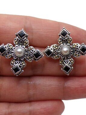 Artisan Pearl & Black Onyx Cross Earrings – Sterling Silver & 18K Gold Accents